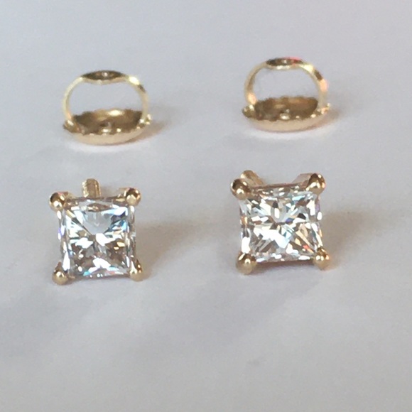 Jewelry - REAL 14K Yellow Gold Princess Cut Diamond Earrings